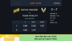 Giao diện đặt cược CS:GO hiệu quả tại E-sports 18win