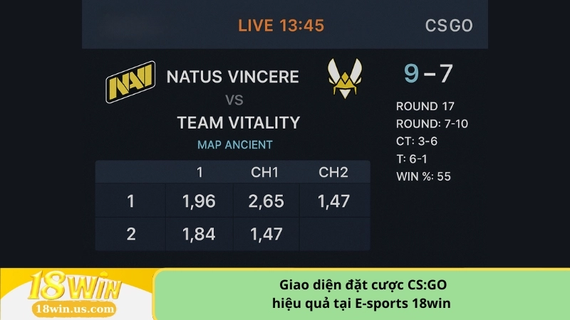 Giao diện đặt cược CS:GO hiệu quả tại E-sports 18win